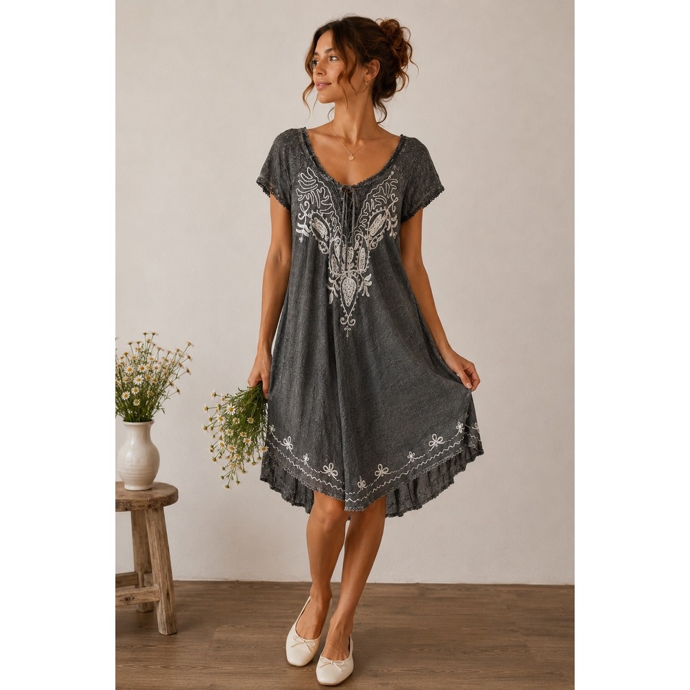 Boho Maxi Dress Tunic Beach Cover Up Gray Flowy Festival Fairycore One‎ Size
